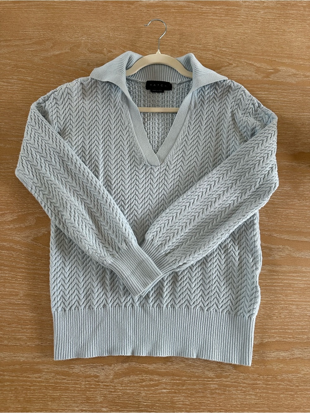 Hatch Pale Blue Cable V-Neck Sweater with Fold-Over Collar - Picture 2 of 4